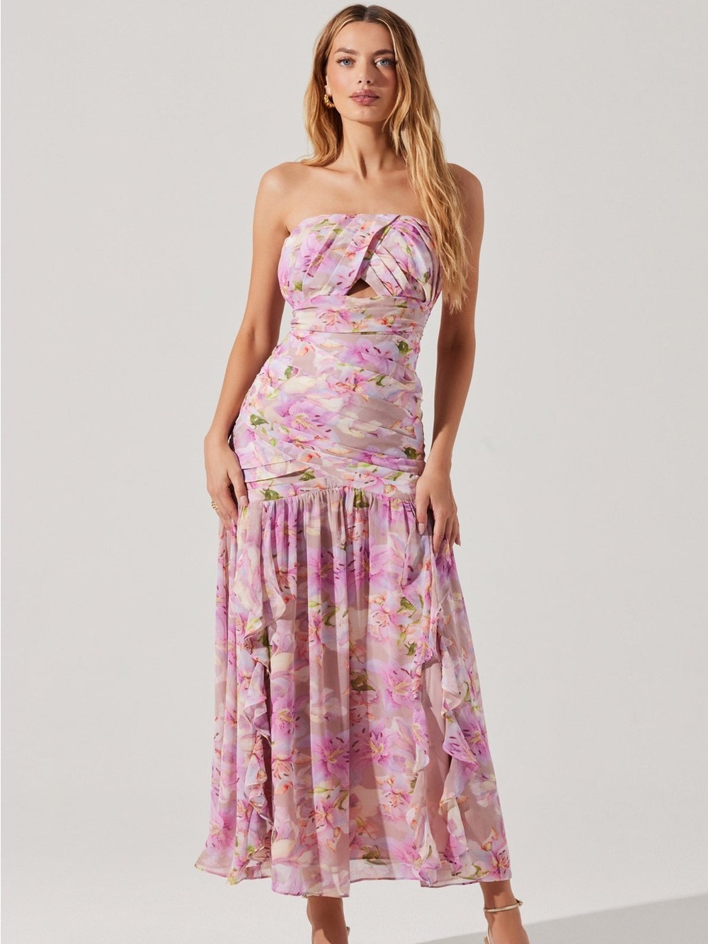 ASTR estefany strapless maxi dress in pink floral.